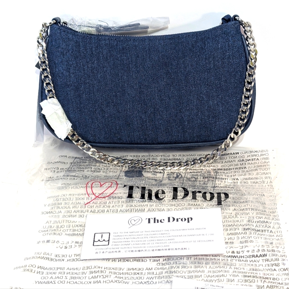 The Drop Women's Melanie Small Shoulder Bag Denim Silver Chain One Size NWT